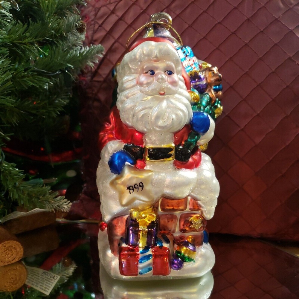 Large Hand Blown BK Brass Key Glass Ornament Santa Chimney Toys 1999 9" Tall